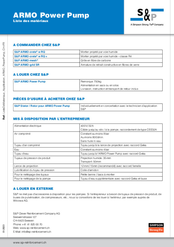 Liste des matériaux S&P ARMO Power Pump