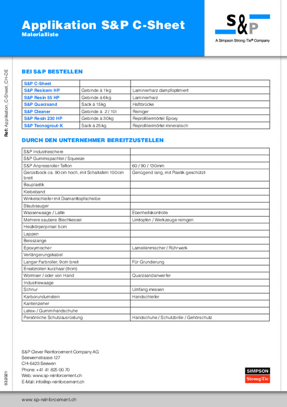 Materialliste - Applikation S&P C-Sheet