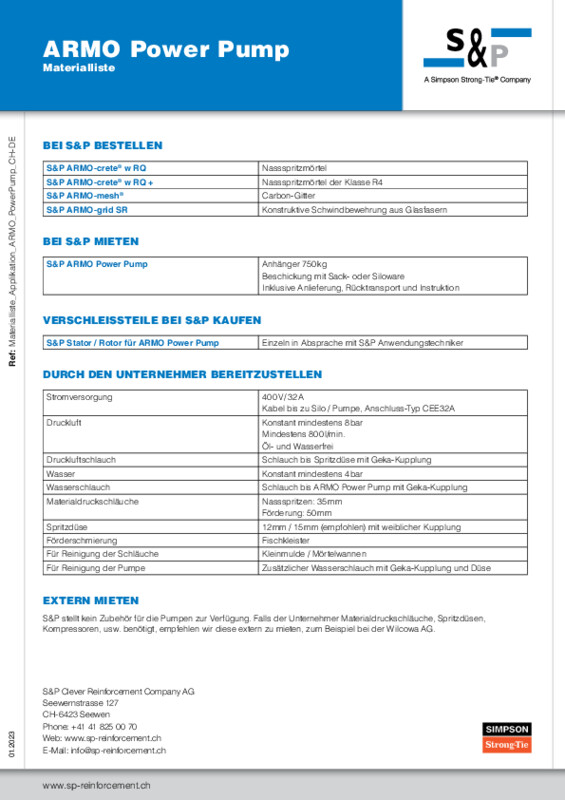 Materialliste S&P ARMO Power Pump