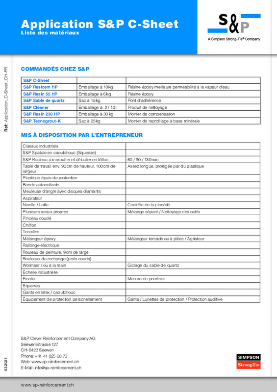 Liste des matériaux - Application S&P C-Sheet