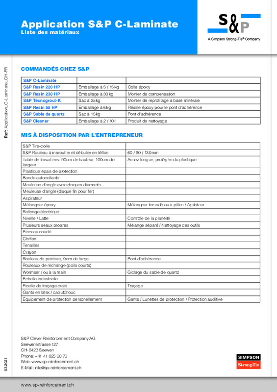Liste des matériaux - Application S&P C-Laminate
