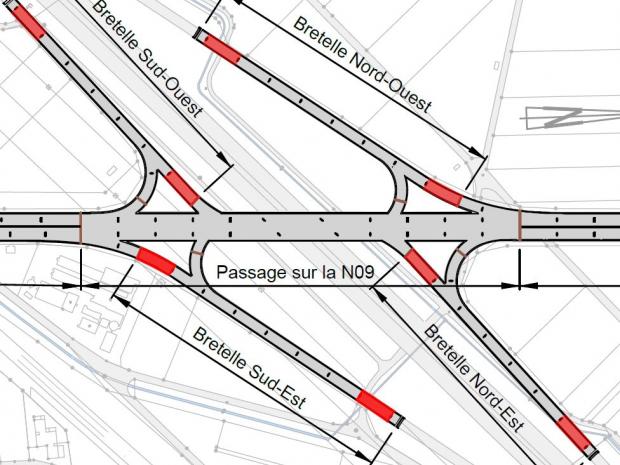 Viaduc de Riddes: Übersicht des Viadukts und der Lage der mit S&P C-Laminaten verstärkten Bereichen (in rot).